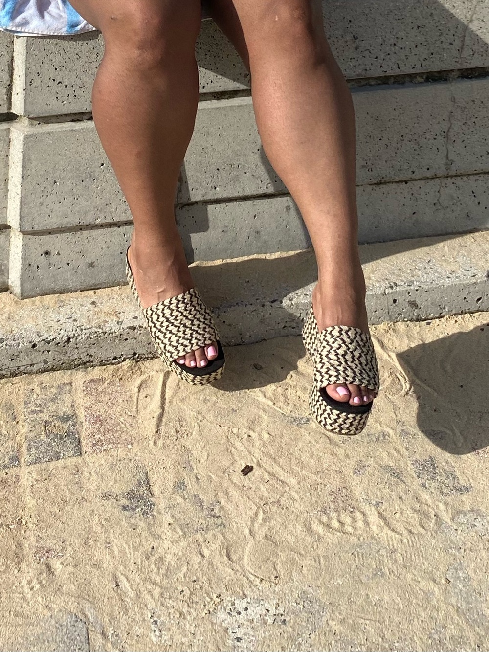 Lucky Brand Black and Natural Woven Slide Mules